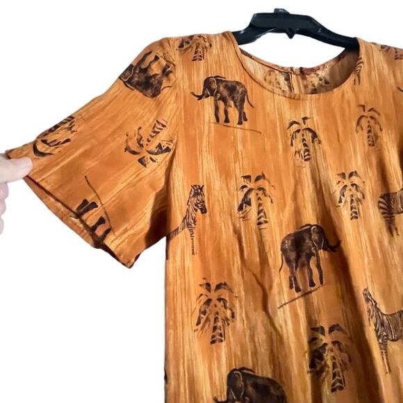 Safari Print Jungle Maxi Dress with Elephants Zebras Palm Trees African Rust - Picture 5 of 9